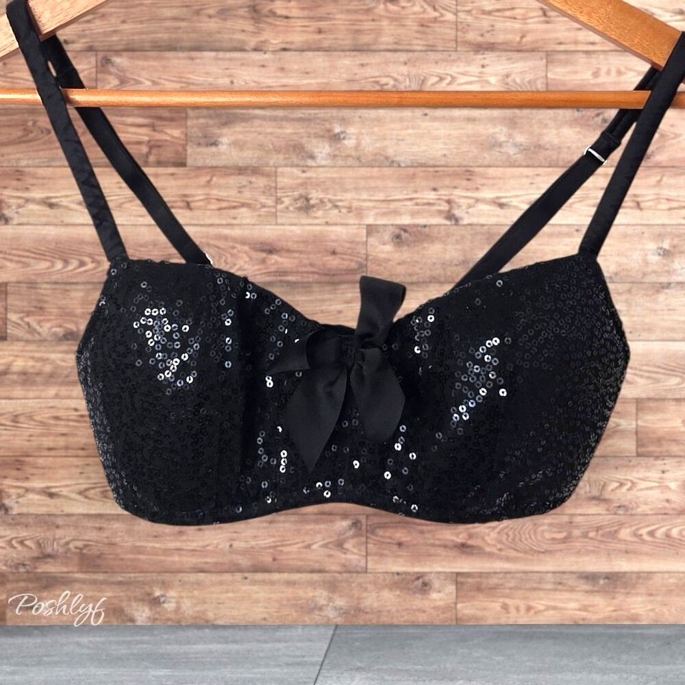 Aerie Pretty Luxury Sequin Wireless Bra Bow Accent Adjustable Straps Black S/P